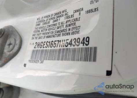 2001 Honda Civic Lx из США, поврежденный, VIN 2HGES16571H543949